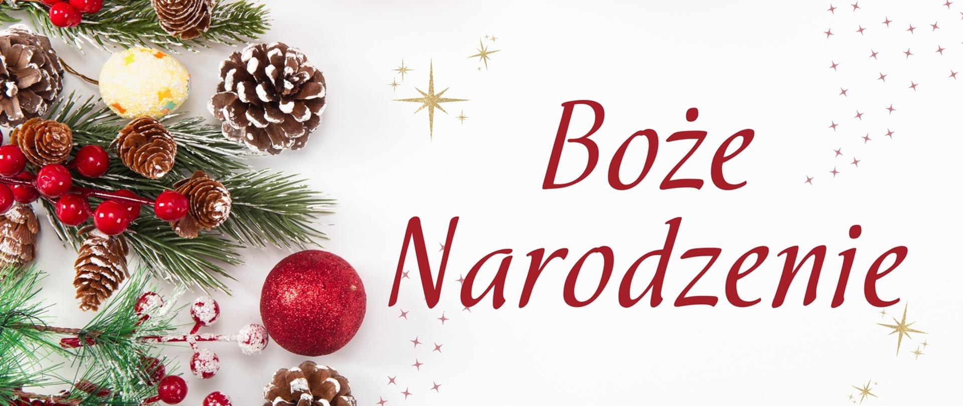 Białe tło , po lewej fragment choinki z bąbkami w kolorze czerwonym i brązowe szyszki, po prawej czerwony napis: " Boże Narodzenie"