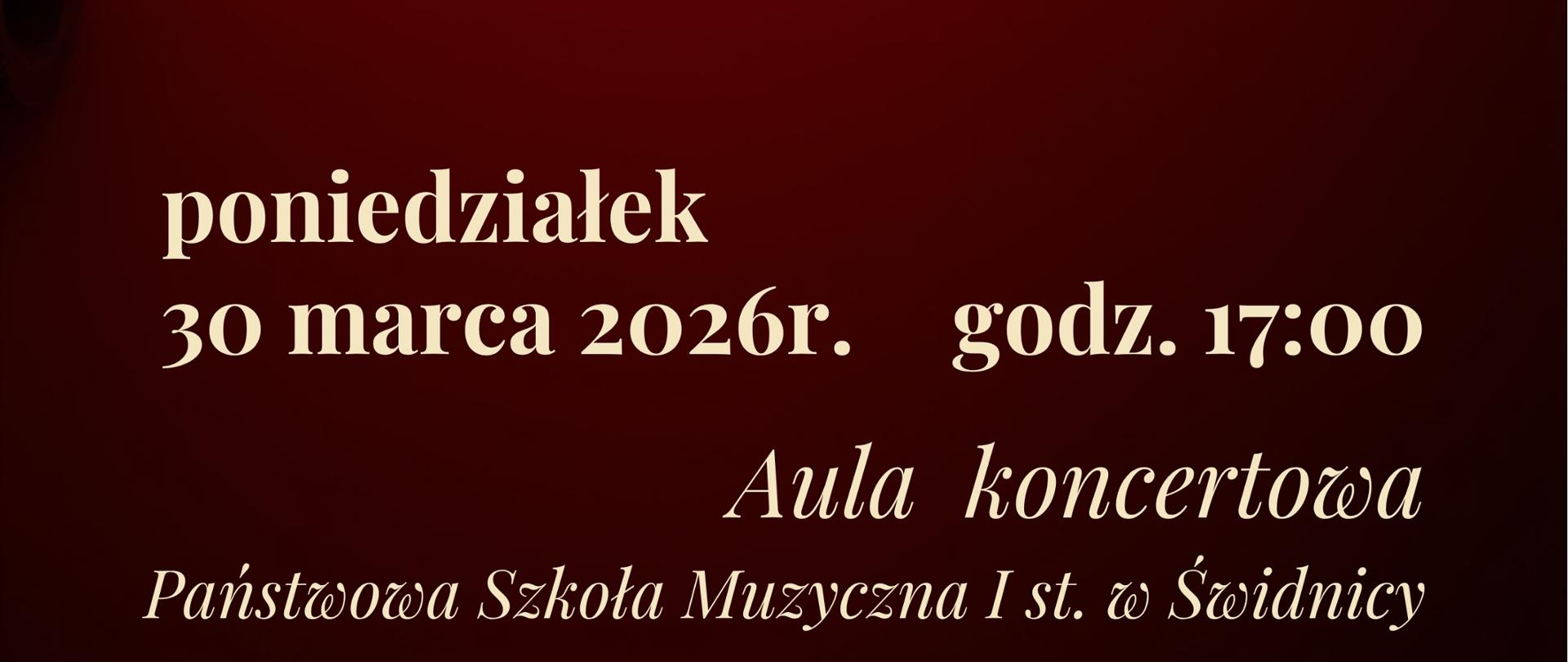 Tło plakatu czerwone cieniowane na górze fotografie instrumentów dętych . Po środku plakatu żółte napisy informujące o koncercie miesju , dacie, wykonawcach.