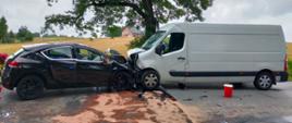 Samochód osobowy Citroën oraz samochód dostawczy Renault Master po zderzeniu. Za samochodami na poboczu przydrożne drzewo. W oddali widać dom mieszkalny.