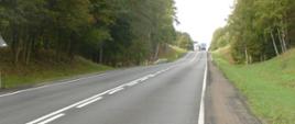 Droga krajowa numer 10 na odcinku Piła -Jeziorki. Na zdjęciu widoczna droga z jadącymi w oddali pojazdami ciężarowymi. Po obu stronach widoczny las. 