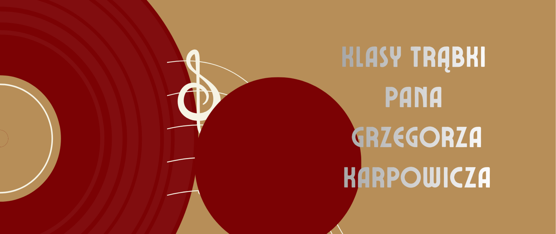 Plakat w odcieniach beżu i ciemnej czerwieni promuje audycję uczniów klasy trąbki. U góry widnieje duży, czerwony napis „AUDYCJA”, a pod nim jasny napis „UCZNIÓW”. Po prawej stronie umieszczono tekst: „Klasy trąbki Pana Grzegorza Karpowicza” w jasnoszarym kolorze. Lewą część plakatu zajmuje stylizowany czerwony winyl, a przez środek i dół biegną ozdobne pięciolinie z nutami w jasnym kolorze. Na dole znajdują się informacje o wydarzeniu: „8 grudnia 2025, godzina 16:30, aula ZPSM”