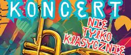 Plakat kolorowy z napisami. W tle instrument dęty blaszany. tekst na plakacie - Koncert nie tylko klasycznie odbędzie się 16 maja 2024 roku o godzinie 17.00 Uczniowie Państwowej Szkoły Muzycznej I i II stopnia w Słupsku Sala Polskiej Filharmonii Sinfonia Baltica Słupsk ulica Jana Pawła Drugiego 3