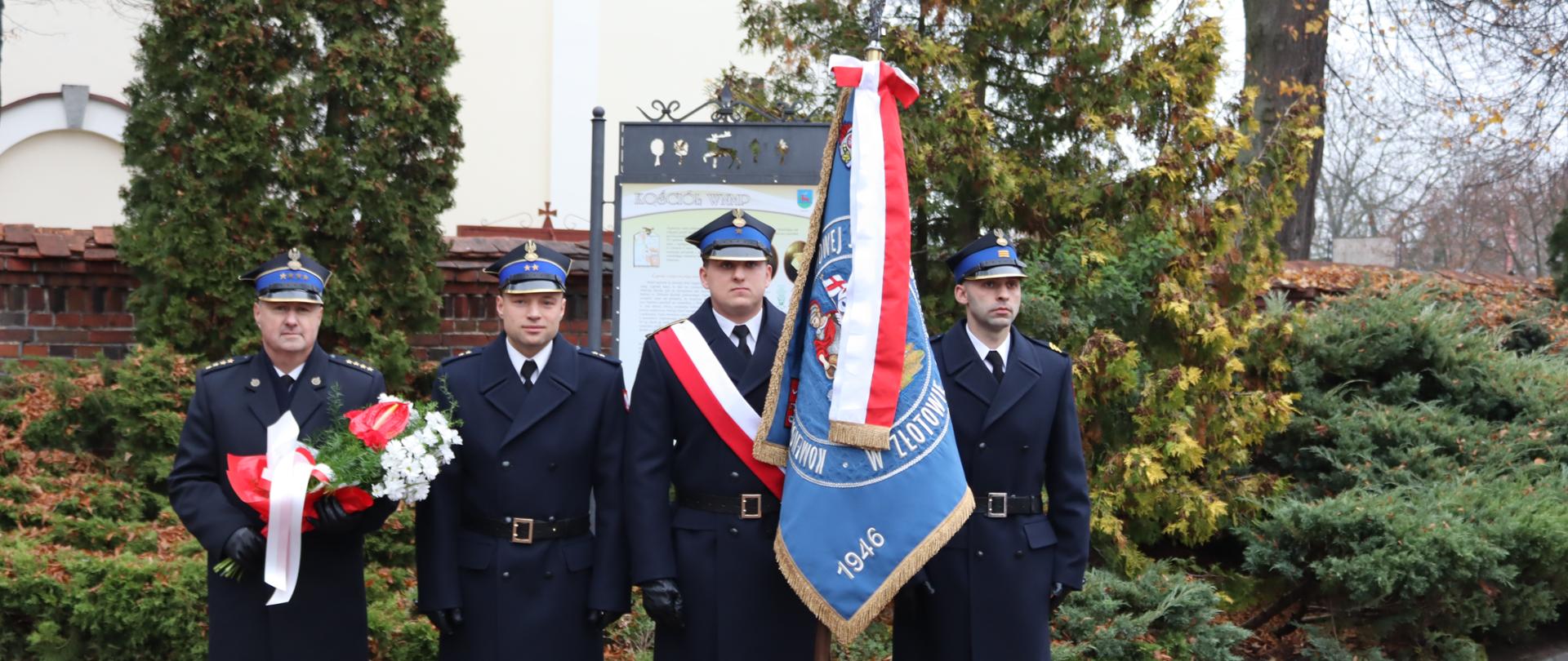 Strażacy sztandar w tle roślinność 