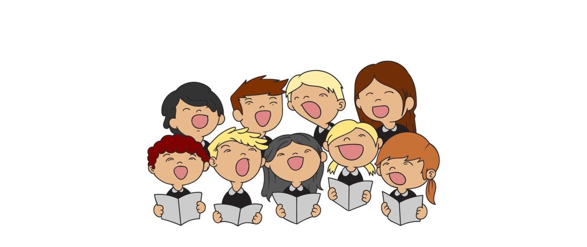 u góry plakatu grafika dzieci śpiewjących. Napisy na białym tle.