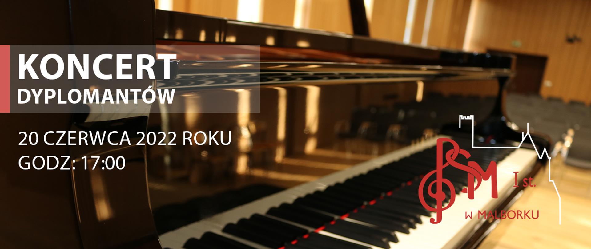 Baner zawiera informacje odnośnie wydarzenia- koncertu absolwentów 20 czerwca o godz. 17.00. W tle ujęcie klawiatury fortepianu.