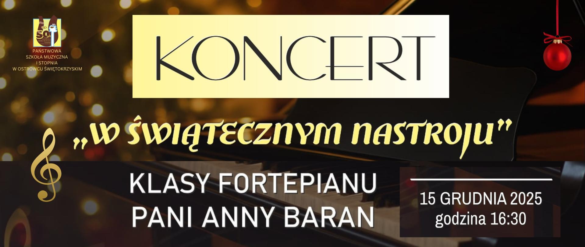 fortepian wśród lampek na brązowym tle z białymi i żółtymi literami informującymi o koncercie, z logo szkoły po lewej stronie