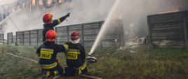 Zdjęcie przedstawia palący się budynek hala magazynowa, płot oraz 3 strażaków 2 obsługuje działko wodno pianowe trzeci wydaje im komendę. Strażacy podają prąd wody do wnętrza budynku przez okno . Budynek nie posiada dachu wewnątrz szale pożar.