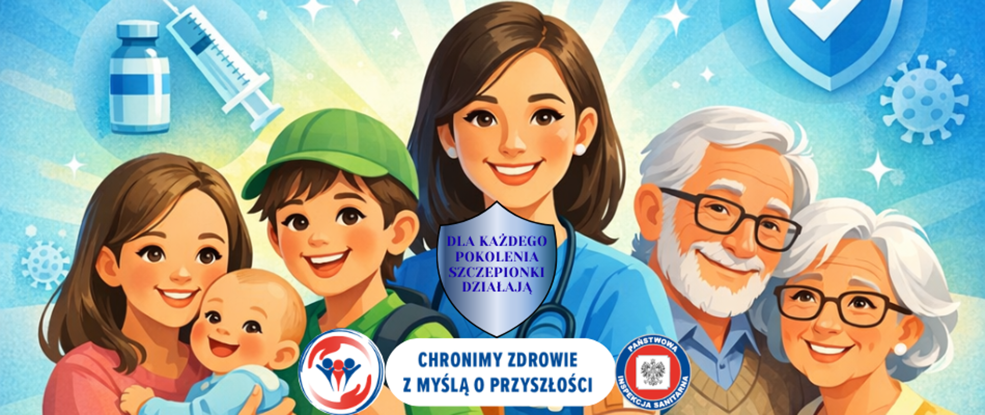 Postacie rysunkowe pośrodku pielęgniarka, po prawej stronie dwoje starszych ludzi usmiechnietych, po lewej stronie dwoje młodych ludzi trzymających niemowlę, w tle strzykawka i ampułka. Napis: Dla każdego pokolenia szczepionki działają oraz: Chronimy zdrowie. Chronimy przyszłość oraz logo inspekcji sanitarnej.