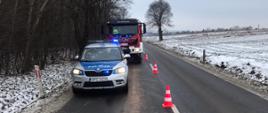 Zdjęcie przedstawia radiowóz policyjny z włączonymi niebieskimi światłami błyskowymi, samochód strażacki oraz pachołki ostrzegawcze. W tle widać przydrożne drzewa