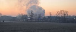 W oddali, za drzewami widać kłęby dymu unoszące się nad zabudowaniami. W tamtej okolicy stoi też kilka strażackich samochodów ratowniczo-gaśniczych z włączonymi niebieskimi światłami błyskowymi. Jest też radiowóz policyjny.