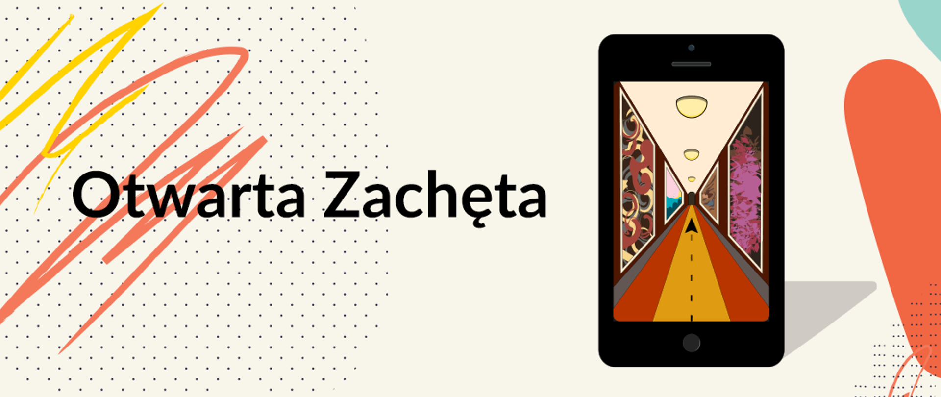 Baner o treści: Otwarta Zachęta. Telefon komórko - smartfon - z widocznym na ekranie korytarzem galerii.