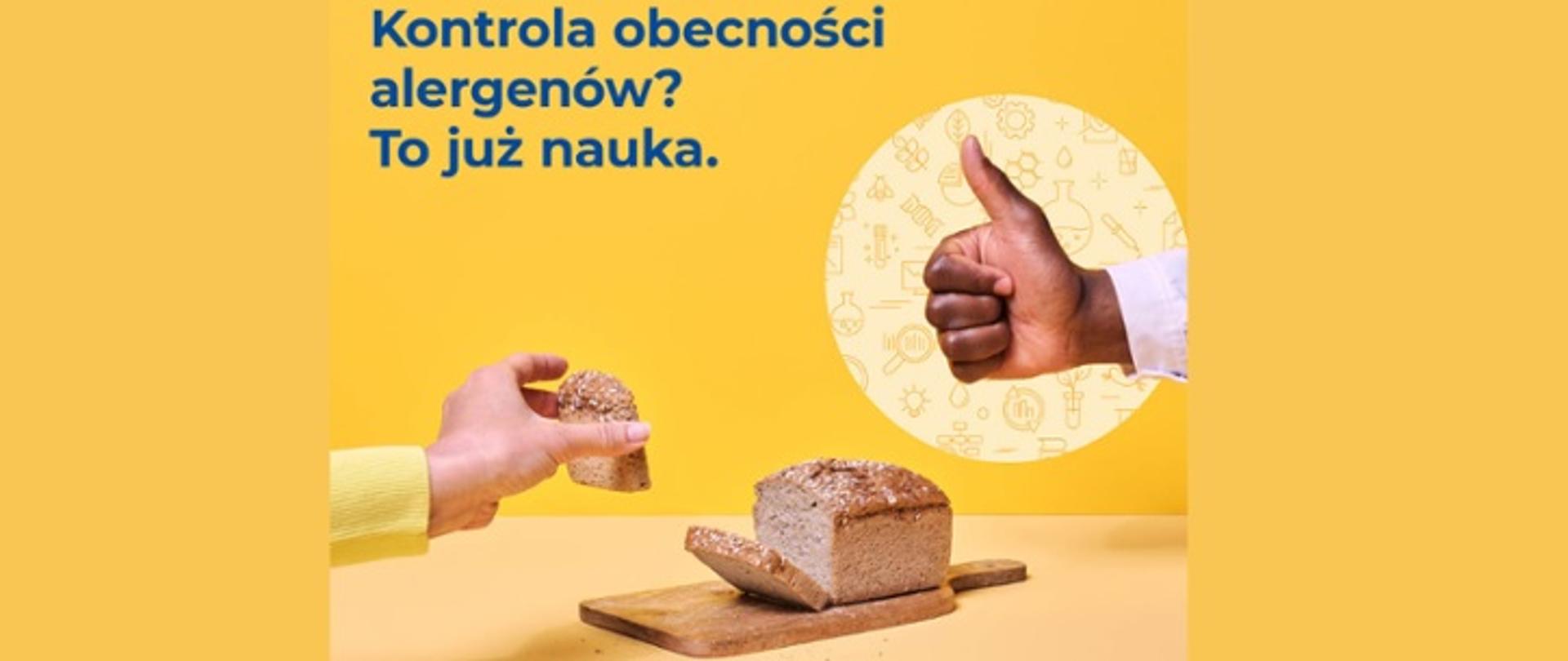 Grafika przedstawia chleb i dłoń, która trzyma kawałek pieczywa oraz drugą dłoń z kciukiem w górę na znak "ok"