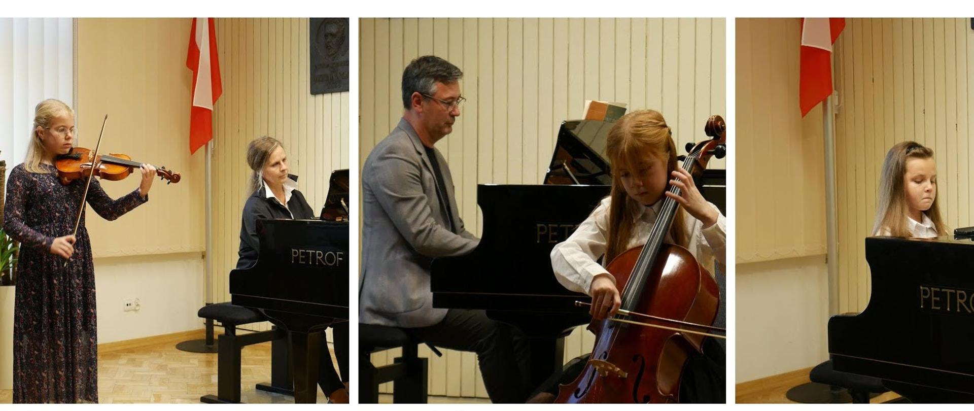 Kolaż prezentujący uczniów grających na scenie auli szkoły na skrzypcach, klarnecie, flecie, saksofonie i fortepianie.