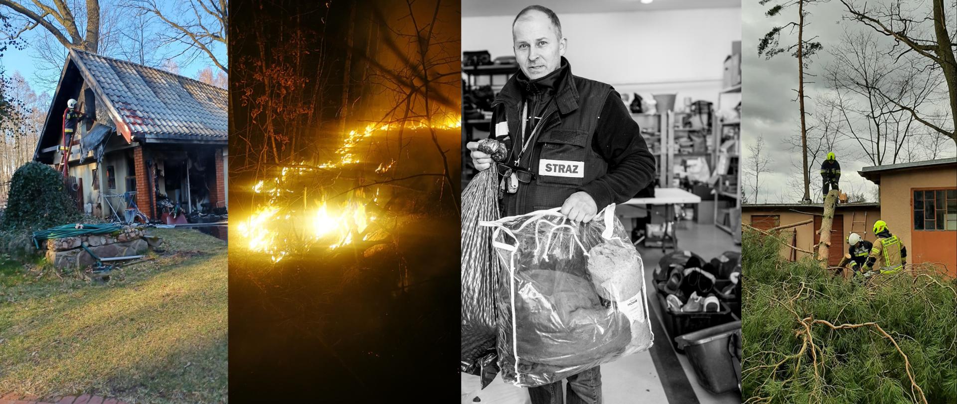 Zbiór zdjęć przedstawiający działania strażaków z powiatu grodziskiego w trakcie działań w 2022 roku. Pożar budynku gospodarczego, pożar trawy, pomoc uchodźcom z Ukrainy, usuwanie skutkó wichur. 