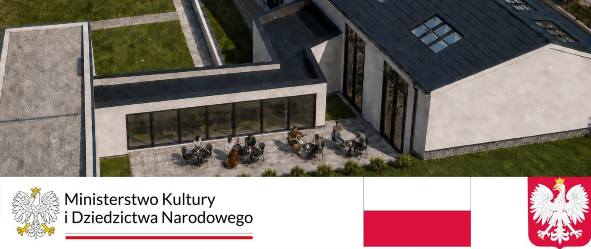 Wizualizacja łącznika komunikacyjnego między budynkami PSM w Mielcu – widok z lotu ptaka na nowoczesny parterowy budynek z przeszklonymi ścianami i tarasem, przy którym siedzi grupa muzyków; u dołu logo Ministerstwa Kultury i Dziedzictwa Narodowego oraz flaga i godło Polski.