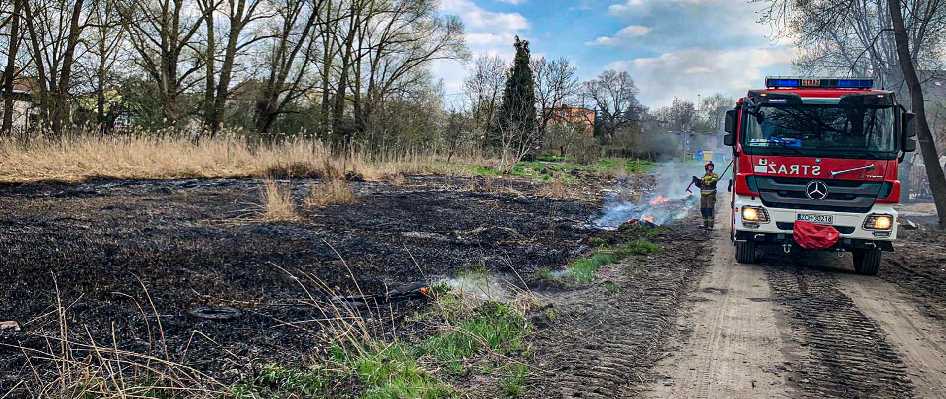 Na zdjęciu znajduje się pogorzelisko po spalonej trawie. Po prawej stronie znajduje się wóz strażacki, a po jego lewej stronie strażak. W oddali znajdują drzewa oraz zabudowania.