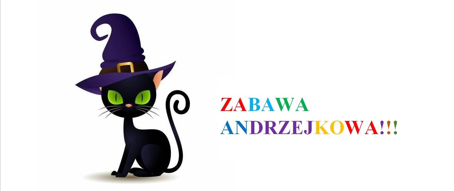 Zdjęcie przedstawia czarnego kota we fioletowym kapeluszu na głowie oraz kolorowy napis Zabawa Andrzejkowa.