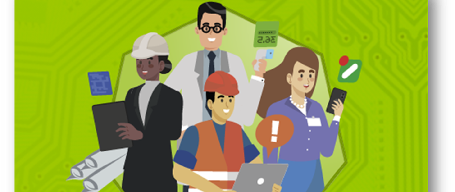 Na zielonym tle imitującym płytę główną komputera ludzie reprezentujący różne zawody trzymający w rękach sprzęt cyfrowy. Lekarz trzyma termometr, sekretarka smartfon, budowlaniec laptop, architektka tablet.