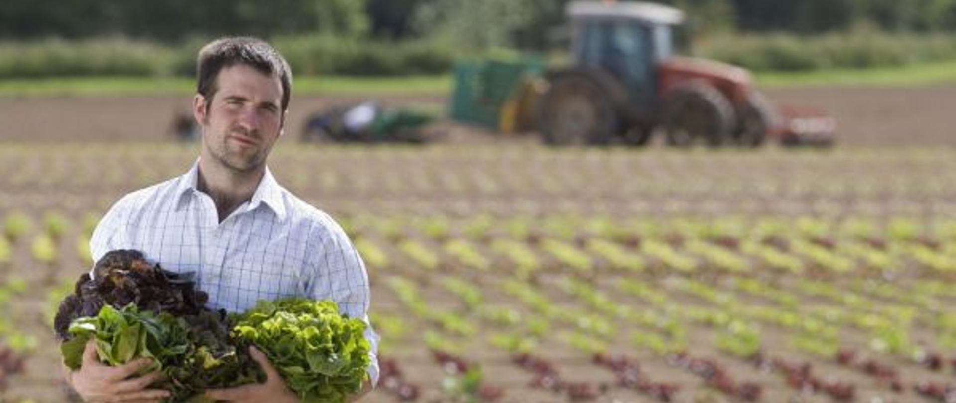 Młody rolnik stoi na polu i ma pełne ręce świeżych roślin. W tle widać pracujący ciągnik rolniczy.