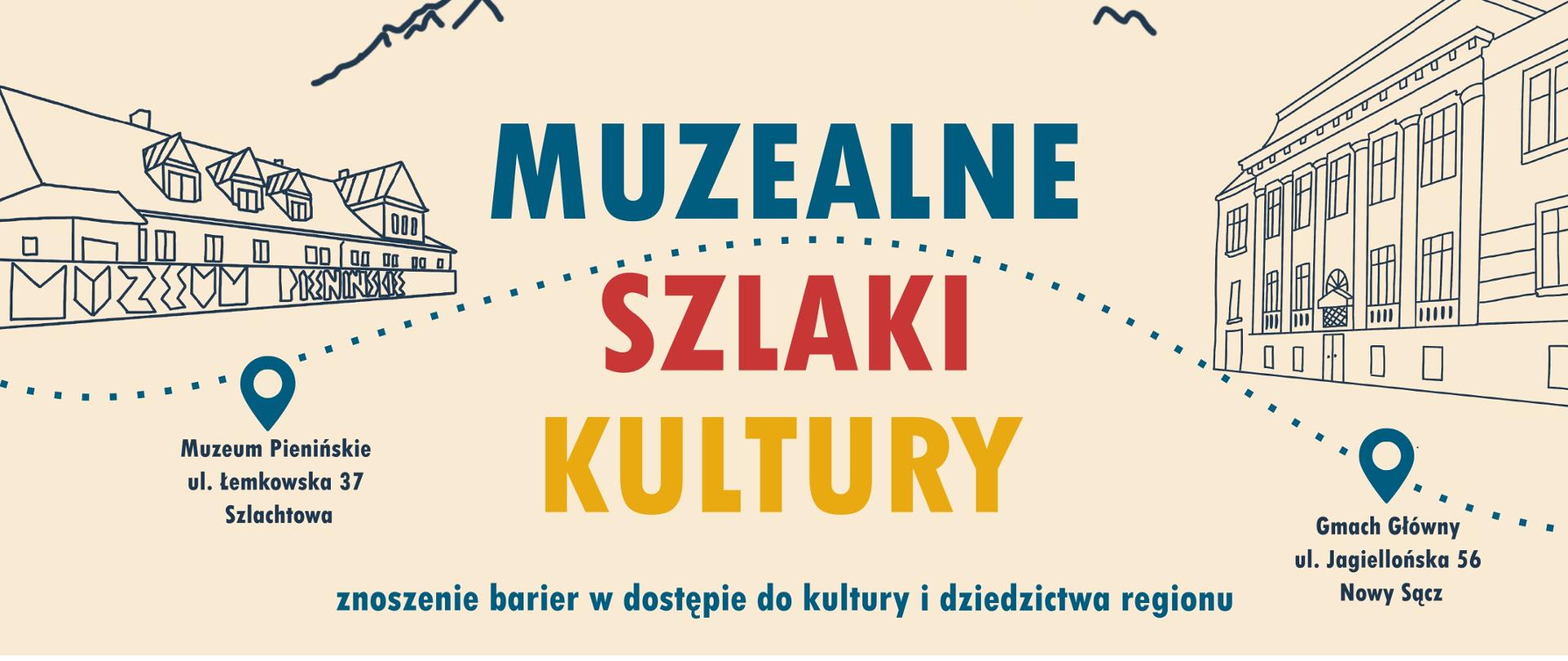 Grafika na bladoróżowym tle od lewej szkic budynku Muzeum Pienińskiego, w środku niebiesko czerwono żółty napis z tytułem projektu, po prawej gmach główny Muzeum Okręgowego w Nowym Sączu. Na dole loga sponsorów, organizatorów i uczestników projektu.