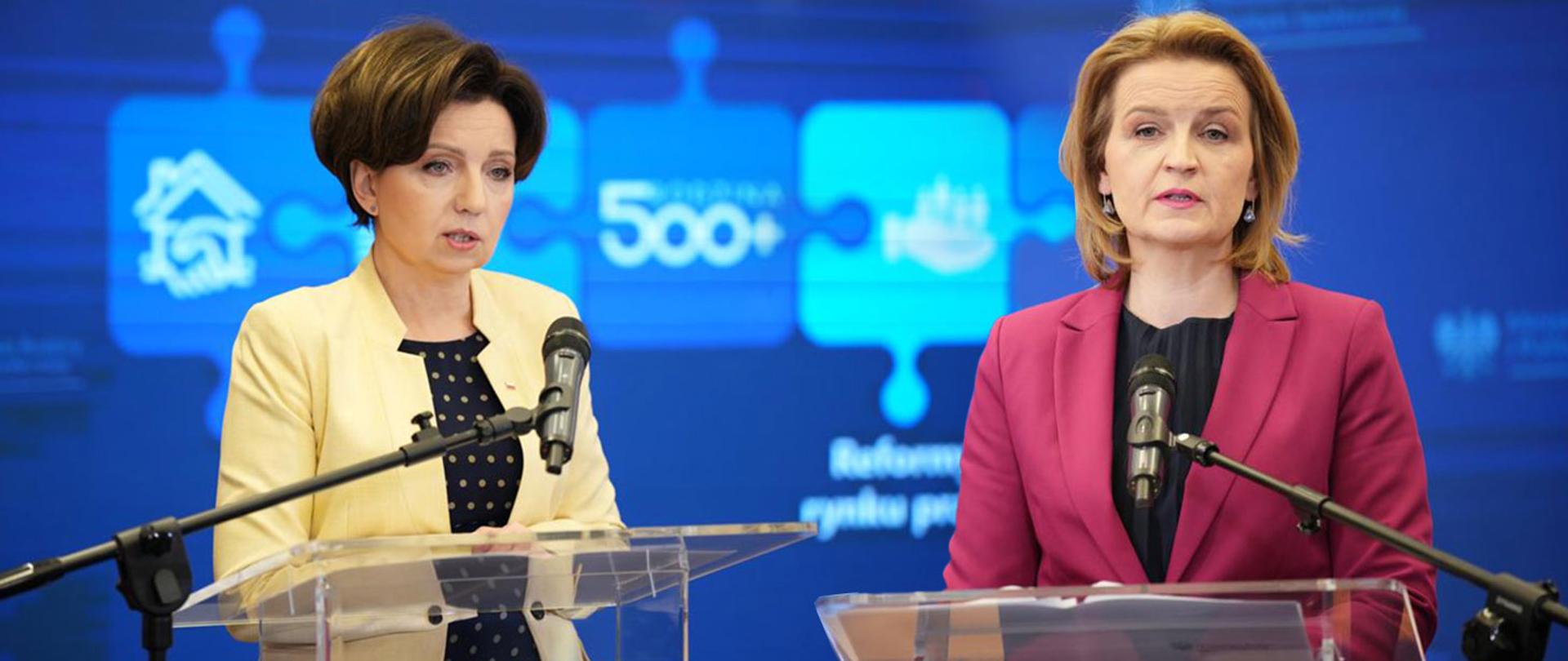 Minister Marlena Maląg oraz wiceminister Barbara Socha podczas konferencji prasowej