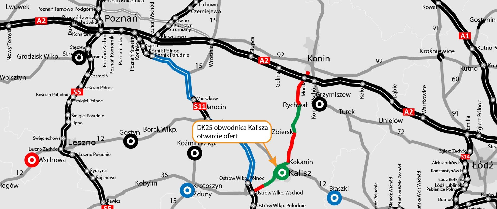 Mapa przedstawia sieć dróg krajowych, ekspresowych i autostrad w środkowo‑zachodniej Polsce, obejmującą m.in. obszar Poznania, Kalisza, Konina, Leszna, Wrocławia i Łodzi. Trasy są oznaczone różnymi kolorami i numerami, zgodnie z legendą w lewym dolnym rogu (czarne – istniejące drogi, czerwone – drogi w realizacji, niebieskie – drogi w przygotowaniu, zielone – obwodnice).
Na mapie wyróżniono odcinek oznaczony etykietą:
„DK25 obwodnica Kalisza – otwarcie ofert”, zaznaczony pomarańczową ramką.
Etykieta znajduje się w rejonie południowej Wielkopolski, pomiędzy miejscowościami: Ostrów Wielkopolski, Kalisz, Zbiersk i Rychwał. Odcinek DK25 jest zaznaczony kolorem niebieskim (etap przygotowania) oraz częściowo czerwonym (etap realizacji).