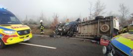 Dwa uszkodzone samochody w rowie. Dookoła strażacy w umundurowaniu specjalnym. Na drodze stoją dwie karetki pogotowia. 