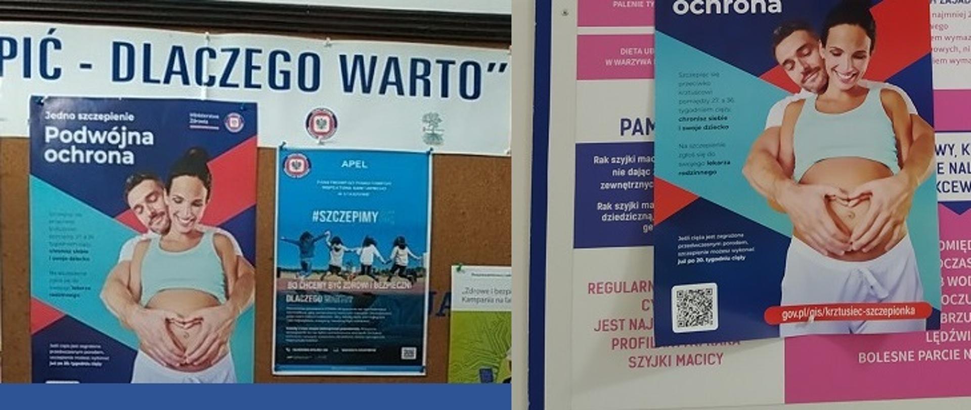 ablica informacyjna zawierająca plakaty kampanii prozdrowotnej w języku polskim. Główny plakat przedstawia uśmiechniętą, ciężarną kobietę ubraną w biały top i jasne spodnie, obejmowaną od tyłu przez mężczyznę. Hasło kampanii to "Jedno szczepienie – Podwójna ochrona", co sugeruje korzyści szczepienia dla matki i dziecka. Na plakacie znajduje się też kod QR oraz adres strony rządowej dotyczącej szczepień: gov.pl/szczepienia. W tle inne plakaty związane z tematyką zdrowotną.