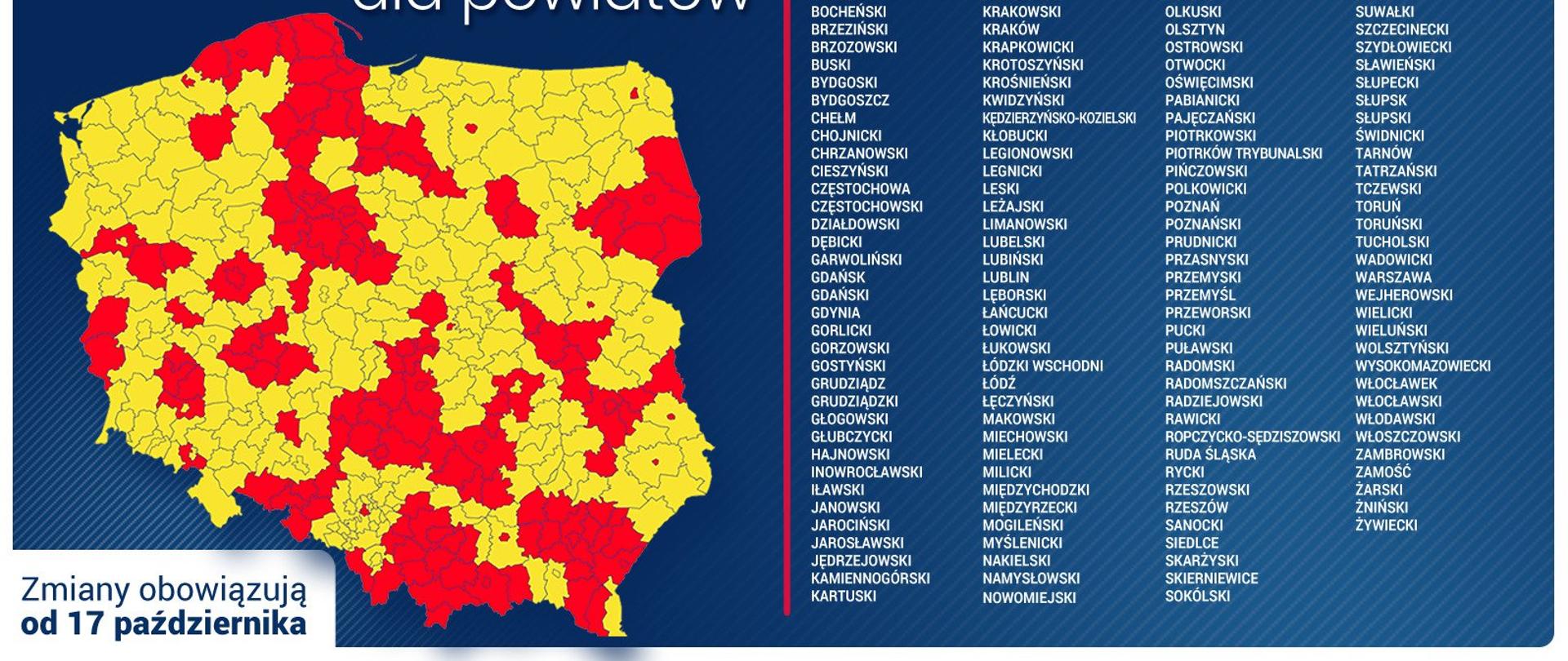 Na zdjęciu znajduje się mapa pokolorowana na żółto i czerwono. Znajduje się na granatowym tle. Po prawej stronie jest lista powiatów, które znalazły się w tych strefach.