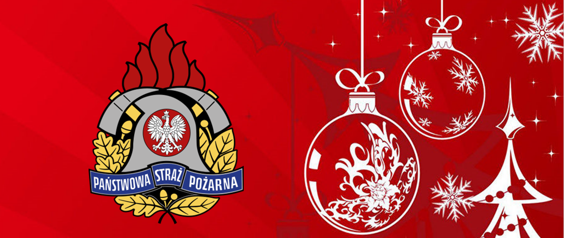 Czerwona grafika przedstawia po lewej stronie kolorowe logo PSP, z prawej strony białe bombki choinkowe z wzorami oraz płatki śniegu nad białą choinką.