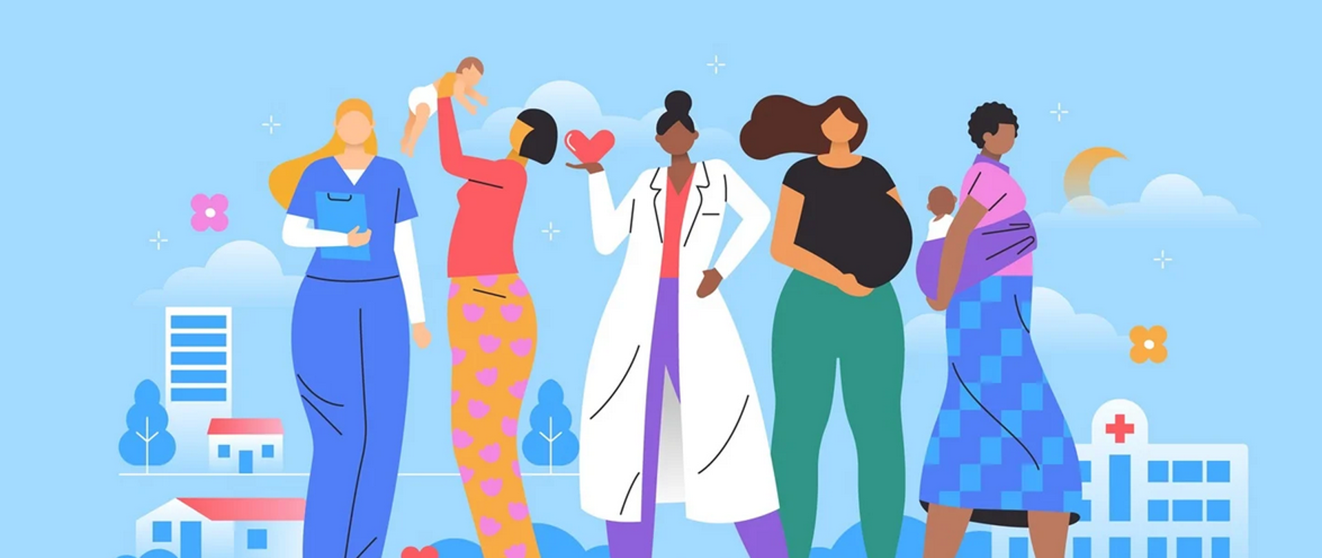 Baner jest zrobiony w formie rysunku. Główne postaci na rysunku to pięć kobiet. Kobiety są ubrane kolorowo, wszystkie z nich stoją. Dwie kobiety opiekują się swoimi małymi dziećmi, jedna jest w widocznej ciąży ciąży, a ubiór dwóch sugeruje, że są pracownikami służby zdrowia. Tło rysunku ma kolor niebieski - jakby niebo, widać na nim chmury, księżyc ale i kwiaty. Poniżej chmur widać w oddali drzewa i różne zabudowania, wszystkie w kolorystyce niebieskiej, jeden z budynków na szczycie ma czerwony znak krzyża - jak szpital.