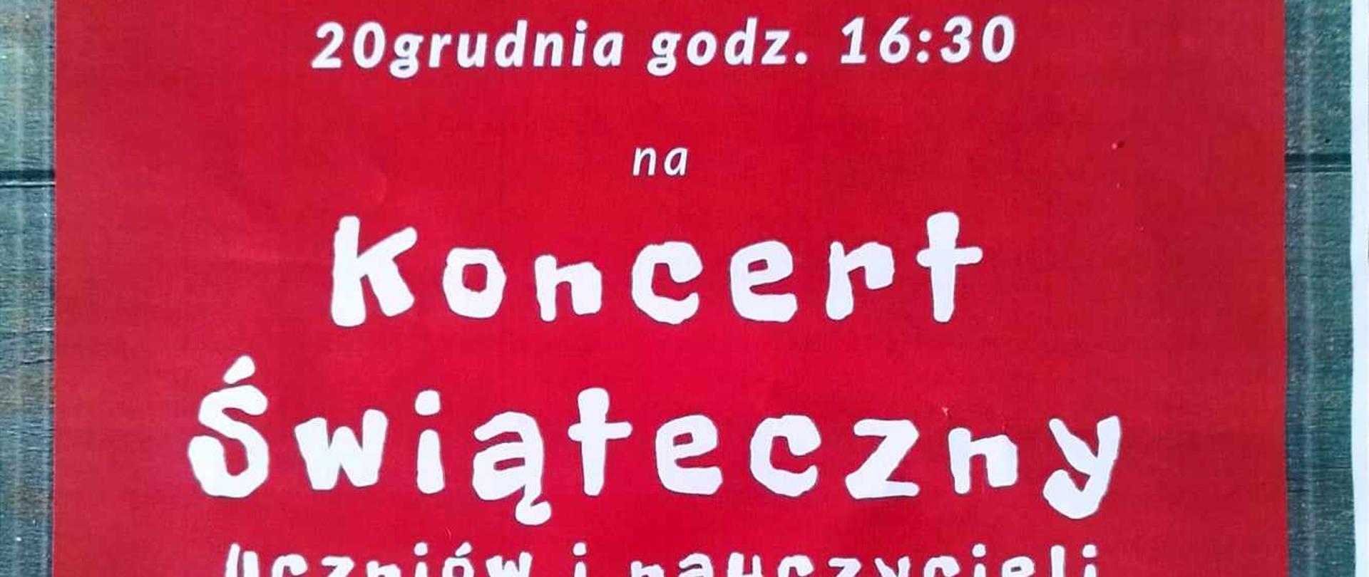 Plakat na koncert świateczny na czerwonym tle białe napisy 