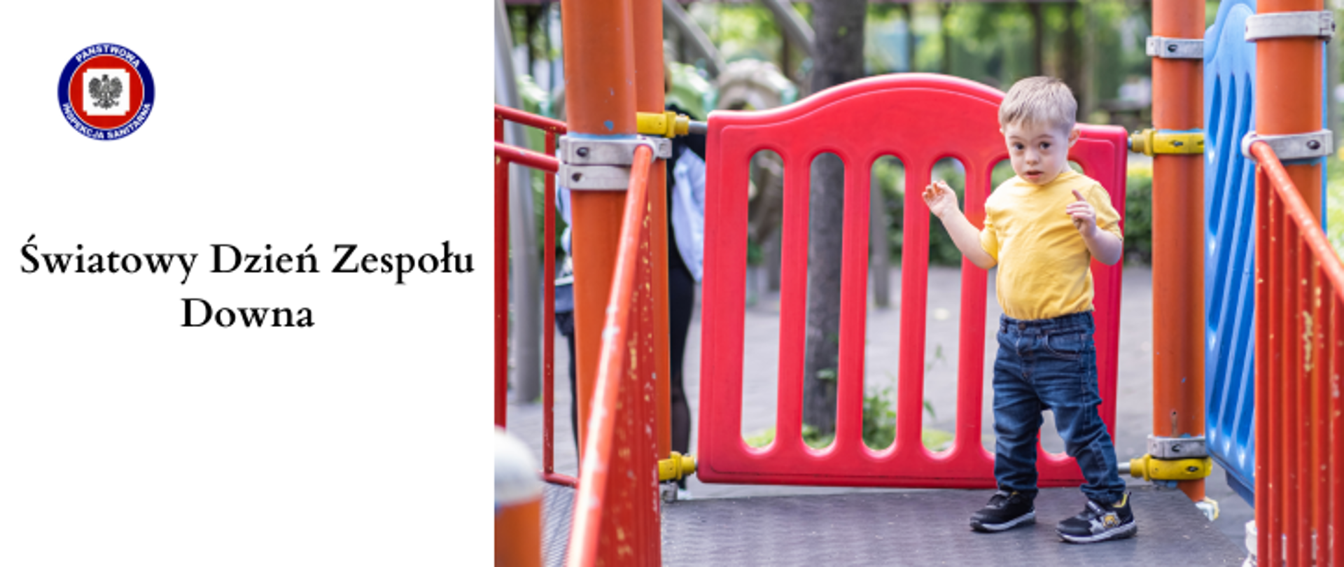 Po prawej chłopiec z zespołem downa bawiący się na placu zabaw, po lewej na jasnym tle ciemny napis Światowy Dzień Zespołu Downa. W lewym górnym rogu logo Państwowej Inspekcji Sanitarnej.