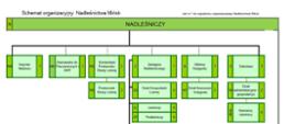 Schemat organizacyjny Nadleśnictwa Mińsk przedstawiający strukturę organizacyjną jednostki oraz podległość służbową. 