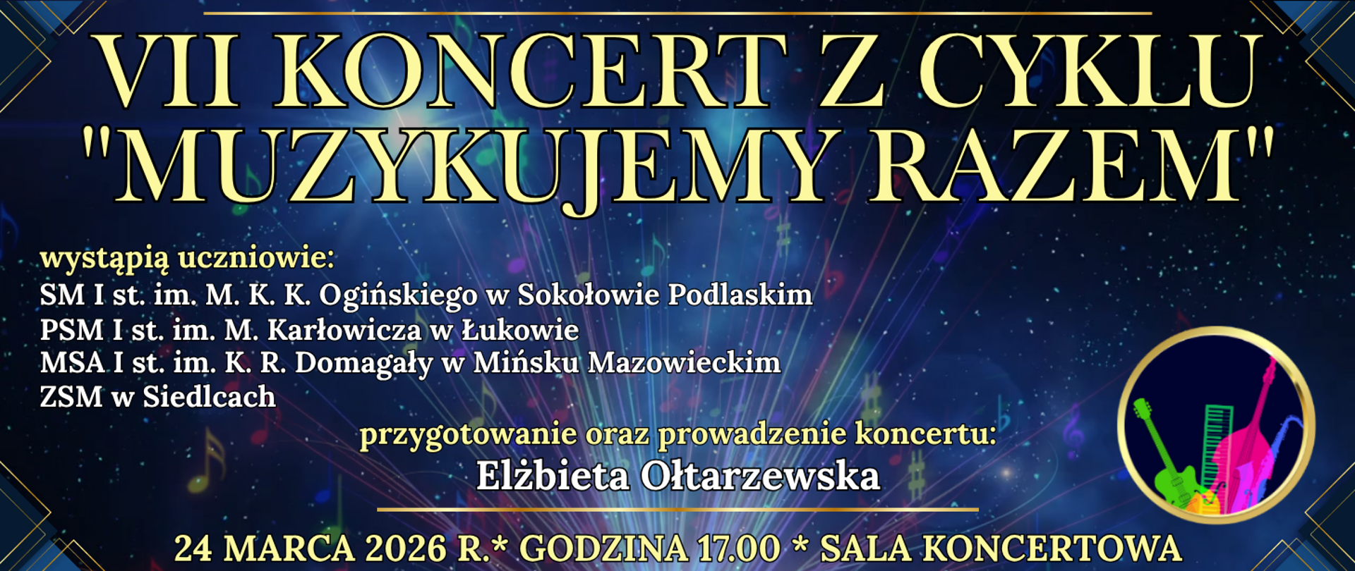 baner ciemno niebieskie kolorowe tło z nutami oraz informacja o wydarzeniu