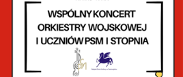 Na białym tle plakatu czarne napisy informujące o koncercie oraz logo szkoły i Miejskiego Domu Kultury.