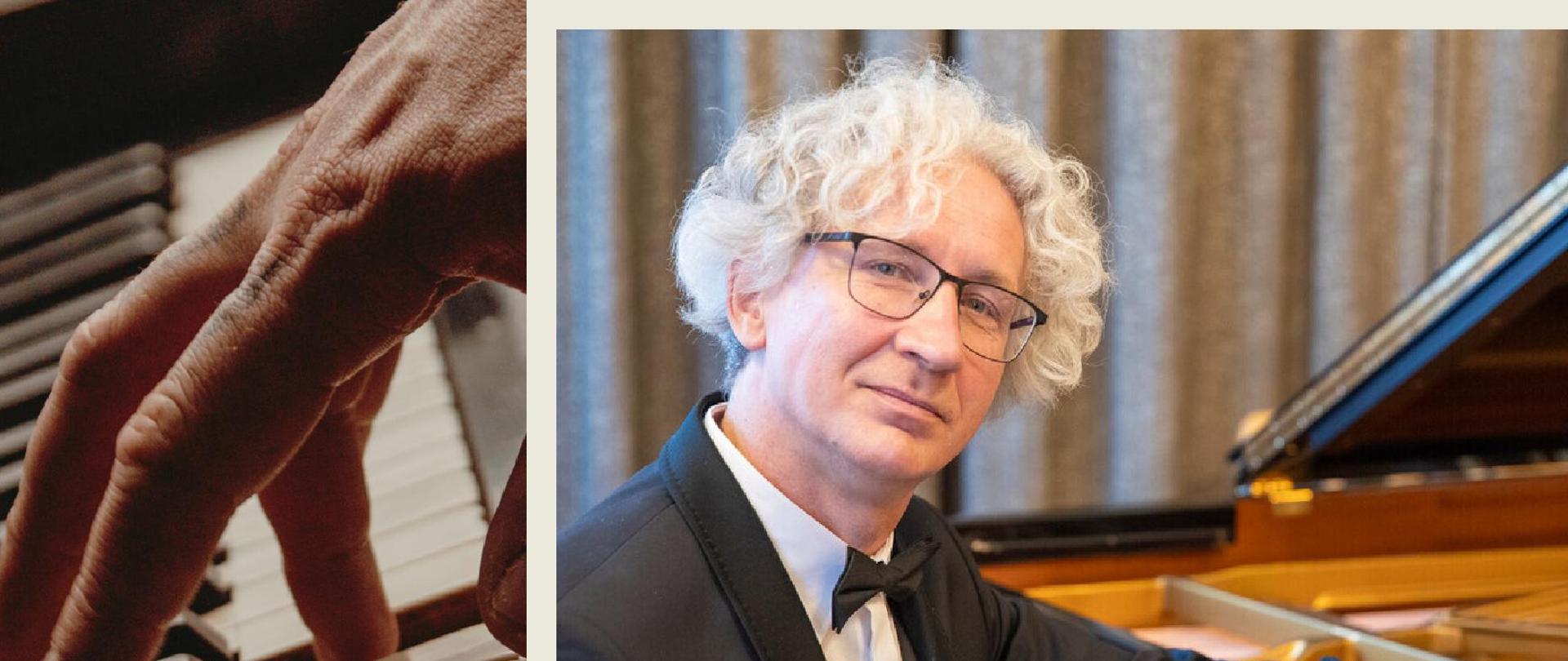 Plakat Warsztatów Pianistycznych z drem hab. Maciejem Pabichem prof. Akademii Muzycznej im. Ignacego Jana Paderewskiego w Poznaniu w dniach 1-2 grudnia 2025. Tło plakatu jest jasnobeżowe. W centralnej części znajduje się zdjęcie pana Macieja Pabicha, który siedzi bokiem przy fortepianie firmy Steinway & Sons, jego lewa ręka położona jest na złożonym pulpicie na nuty. Profesor patrzy przed siebie i lekko się uśmiecha, na nosie ma okulary, jego głowę otula burza siwych loków. Ubrany jest w czarny frak, białą koszulę z czarną muszką. 