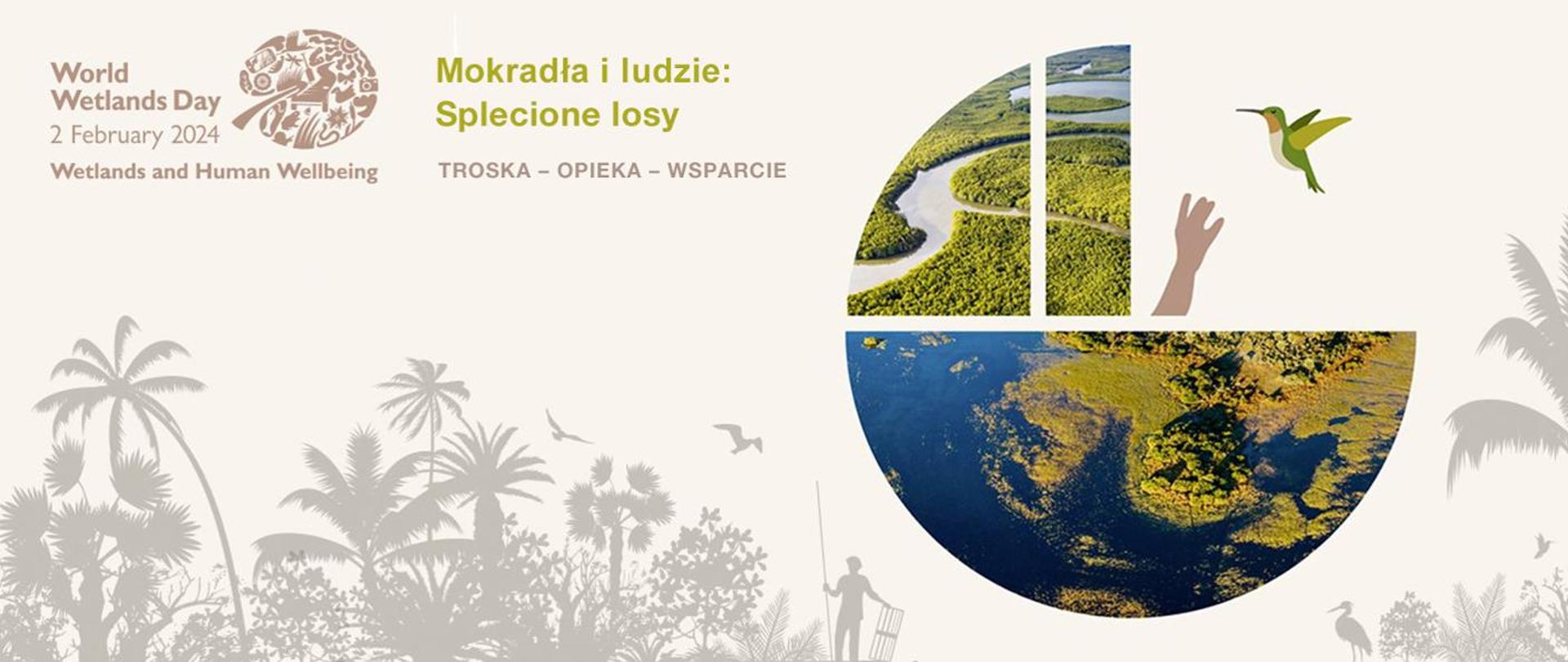 Baner. Na beżowym tle, szarym kolorem widoczny zarys palm, roślinności, ptaków i postać człowieka. W lewej górnej części logotyp Word Wetlands Day w kształcie płaskiego, owalnego liścia oraz napis w języku angielskim: &quot;2 February 2024 Wetlamds and Human Wellbeing&quot;. W centralnej części u góry napis w języku polskim: &quot;Mokradła i ludzie: Splecione losy. Troska - Opieka - Wsparcie&quot;. Po prawej stronie w kole zdjęcia mokradeł (widok z góry) oraz rysunek wyciągnietej dłoni i ptaka.