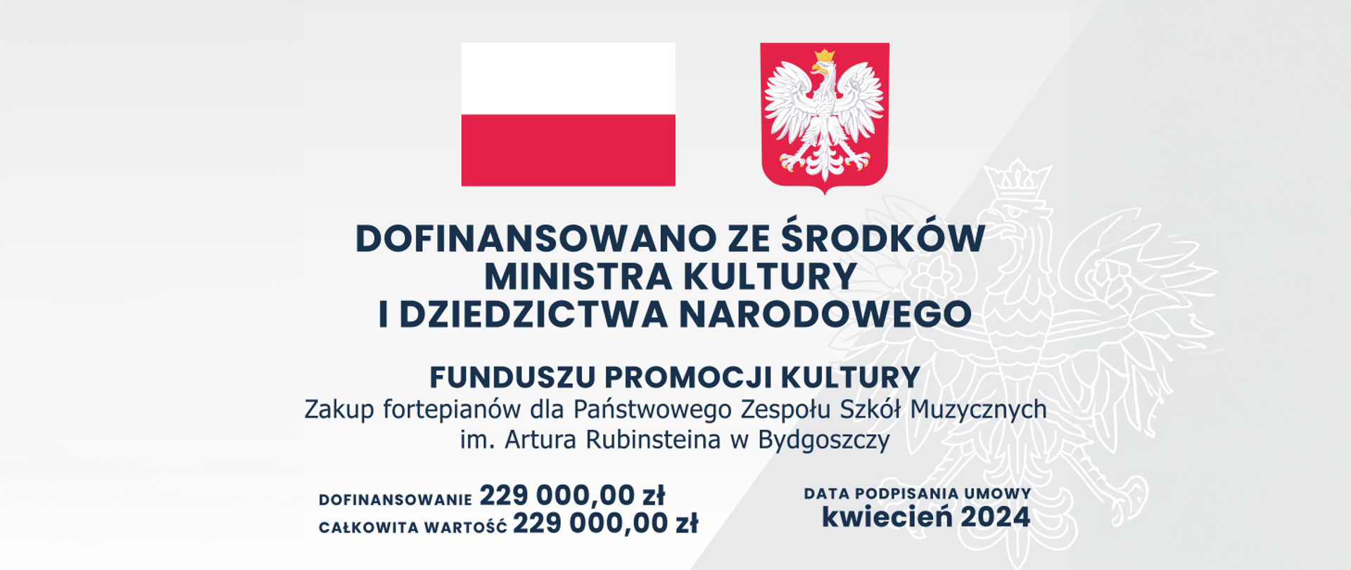 na białym tle godło polski biały orzeł w złotej koronie, flaga polski biało-czerwona poniżej czarnymi literami napis dofinansowano ze środków Ministra Kultury i Dziedzictwa Narodowego
