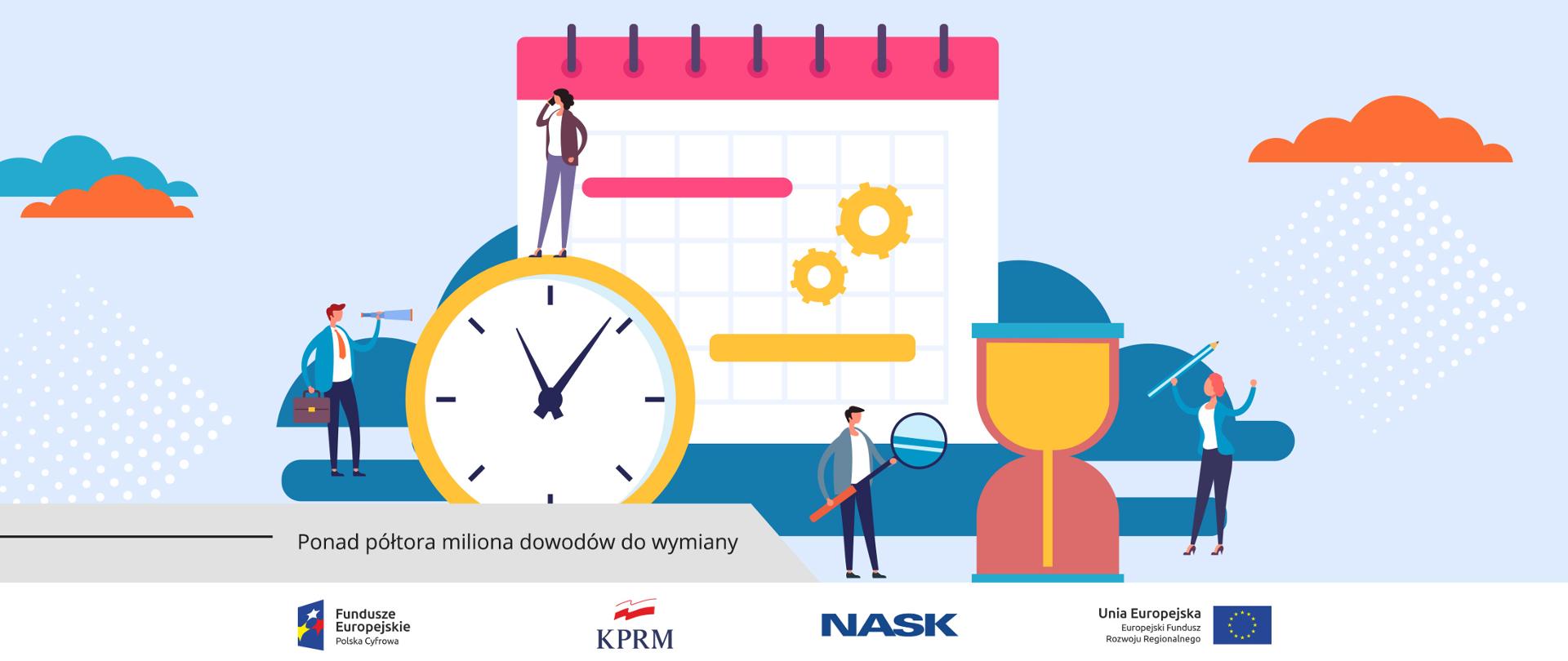 Kolorowa grafika wektorowa - dwie kobiety i dwóch mężczyzn stoi w różnych pozycjach. Wokół nich ikony symbolizujące upływ czasu i działanie - kalendarz, zegar, klepsydra, itp.