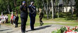 Przedstawiciele Policji oraz Państwowej Straży Pożarnej oddają honory przed nimi złożone są wiązanki za nimi stoją poczty sztandarowe oraz obok schodzi żołnierz. 
