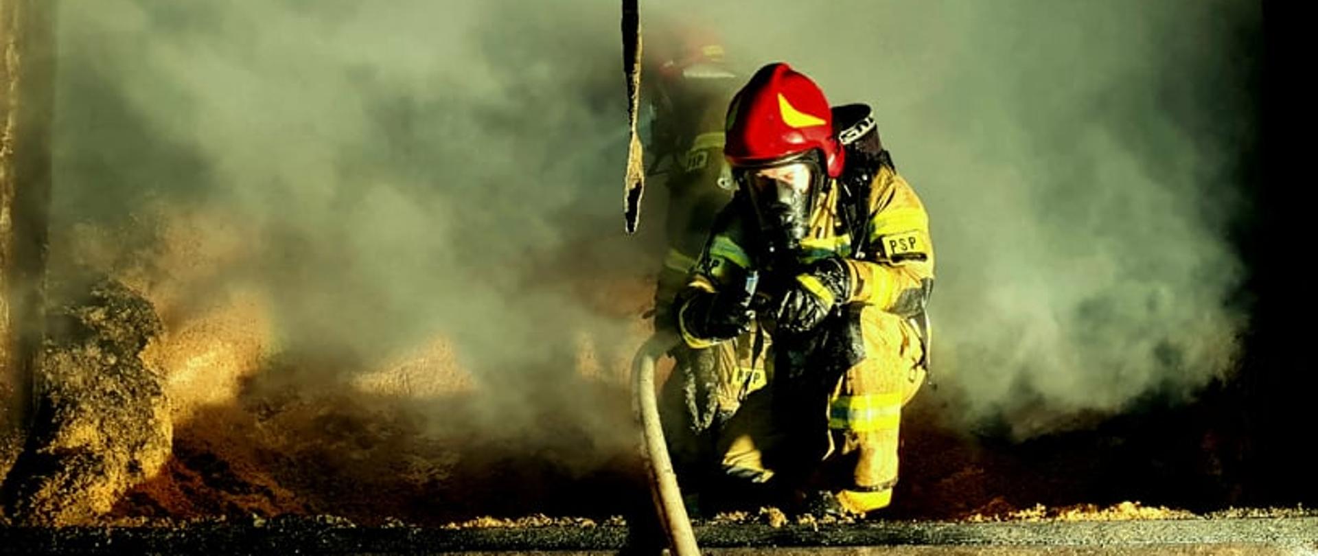 Zdjęcie przedstawia strażaków prowadzących działania gaśnicze podczas pożaru w zakładzie produkcyjnym.