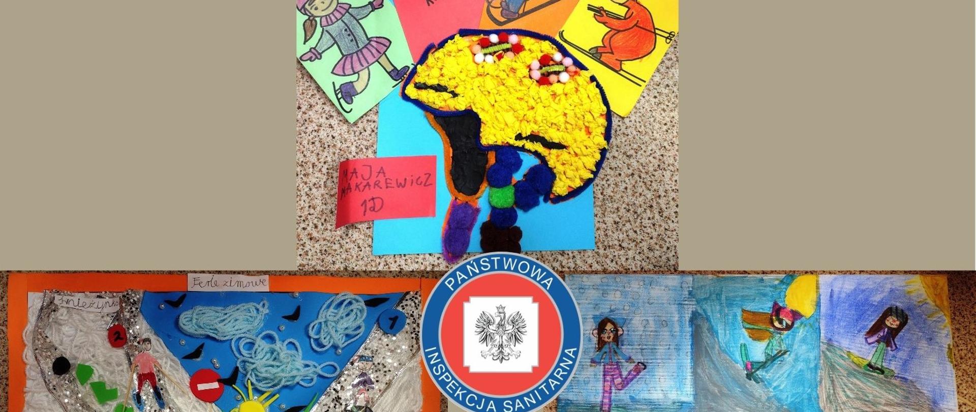 Grafika przedstawia trzy prace konkursowe przedstawiające zasady bezpiecznego wypoczynku podczas ferii zimowych. Pierwszy plakat to kask oraz trójka dzieci - na sankach, na nartach oraz na łyżwach. Drugi plakat przedstawia dzieci jeżdżące po stokach narciarski. Trzeci plakat to dzieci uprawiające różne sporty zimowe, np. jazda na sankach, łyżwach, lepienie bałwana.