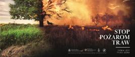 Obraz przedstawia jeden z materiałów informacyjnych kampanii „STOP POŻAROM TRAW”!!! Lewa część ilustracji pokazuje pełną zieleni trawę i drzewo, natomiast prawa przedastwia obszar objęty pożarem, w którym znajdują sę zwierzęta