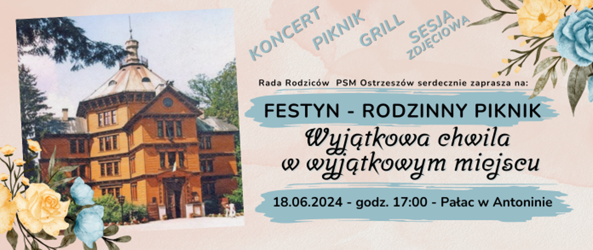 Kolorowa grafika. Po lewej stronie fotografia przedstawiająca pałac myśliwski w Antoninie.