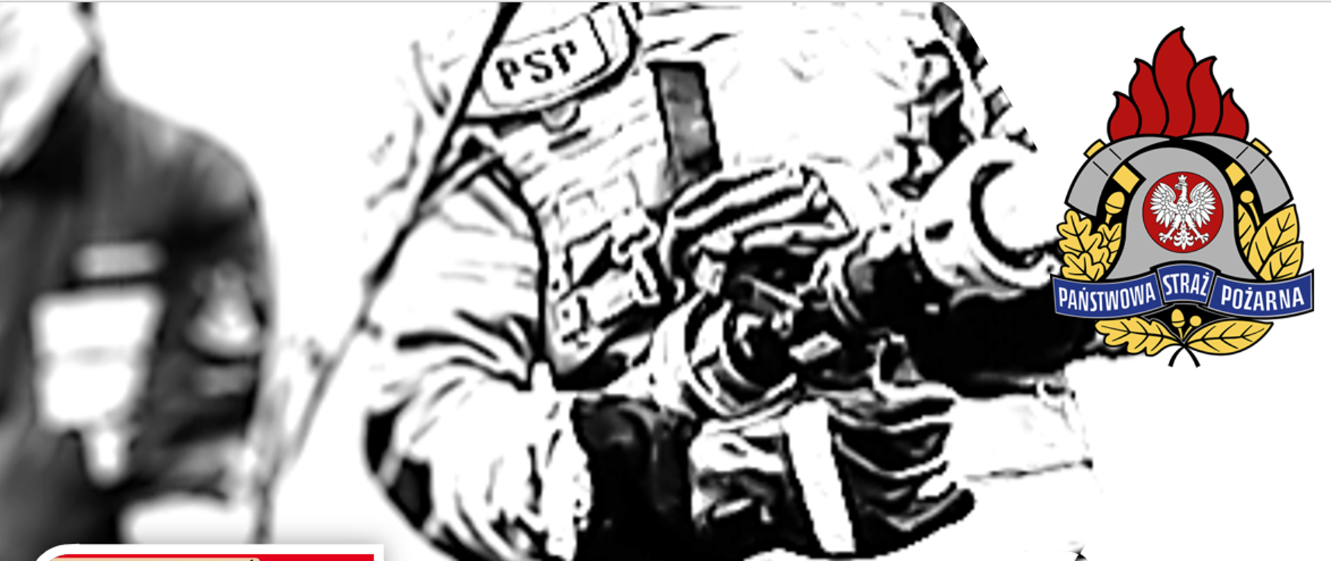 Infografika. Strażak w działaniach w ubraniu specjalnym. w prawym górnym rogu logo PSP.