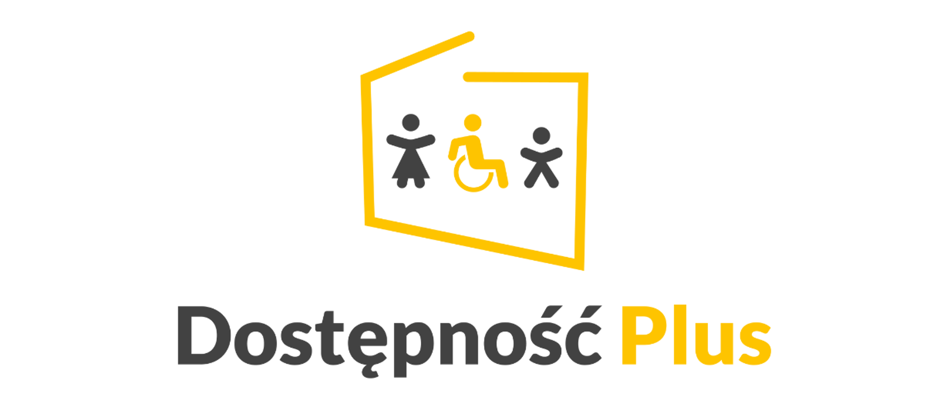Uproszczona mapa Polski oznaczona żółtym kolorem, w środku trzy postaci: kobieta, mężczyzna na wózku i dziecko
