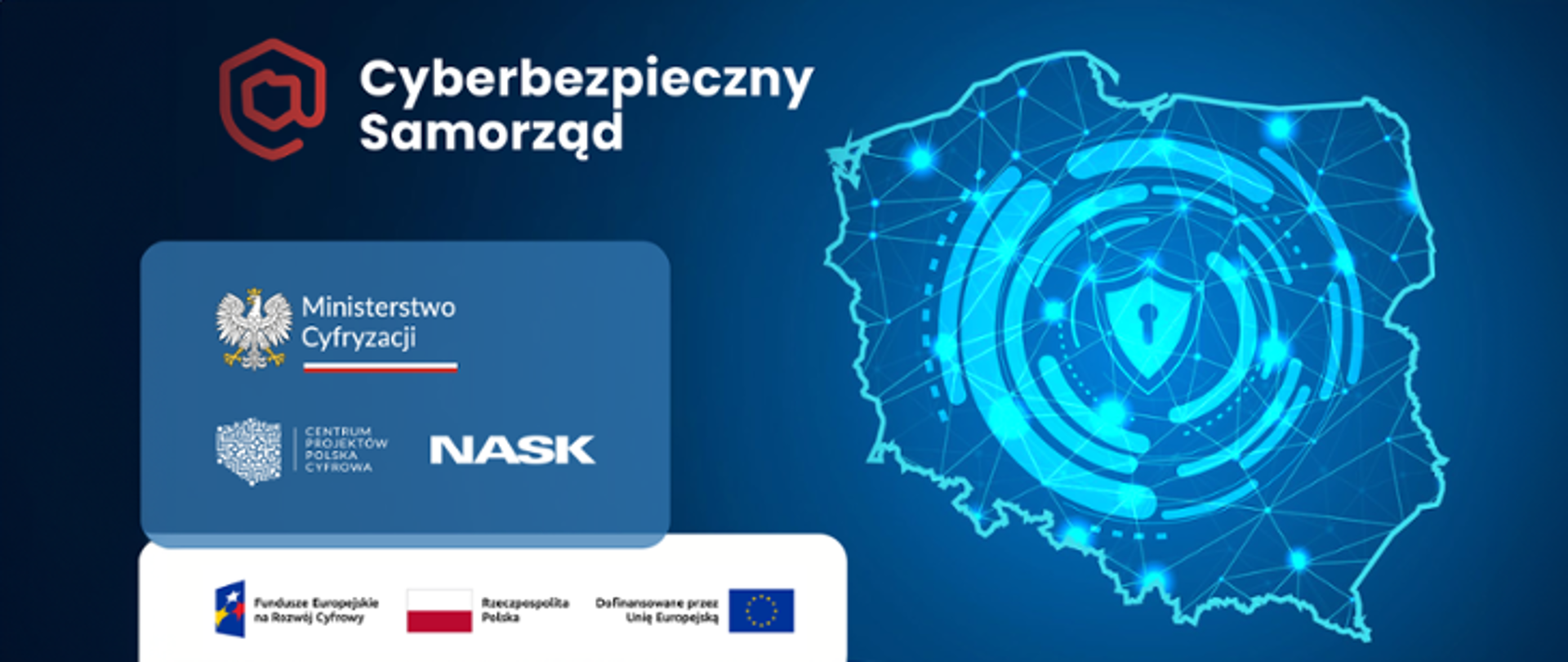 Baner projektu Cyberbezpieczny Samorząd na niebieskim tle po prawej stronie mapa polski z symblem kódki po lewej logo Ministerstwa Cyfryzacji, Centrum Projektów Polska Cyfrowa i NASK