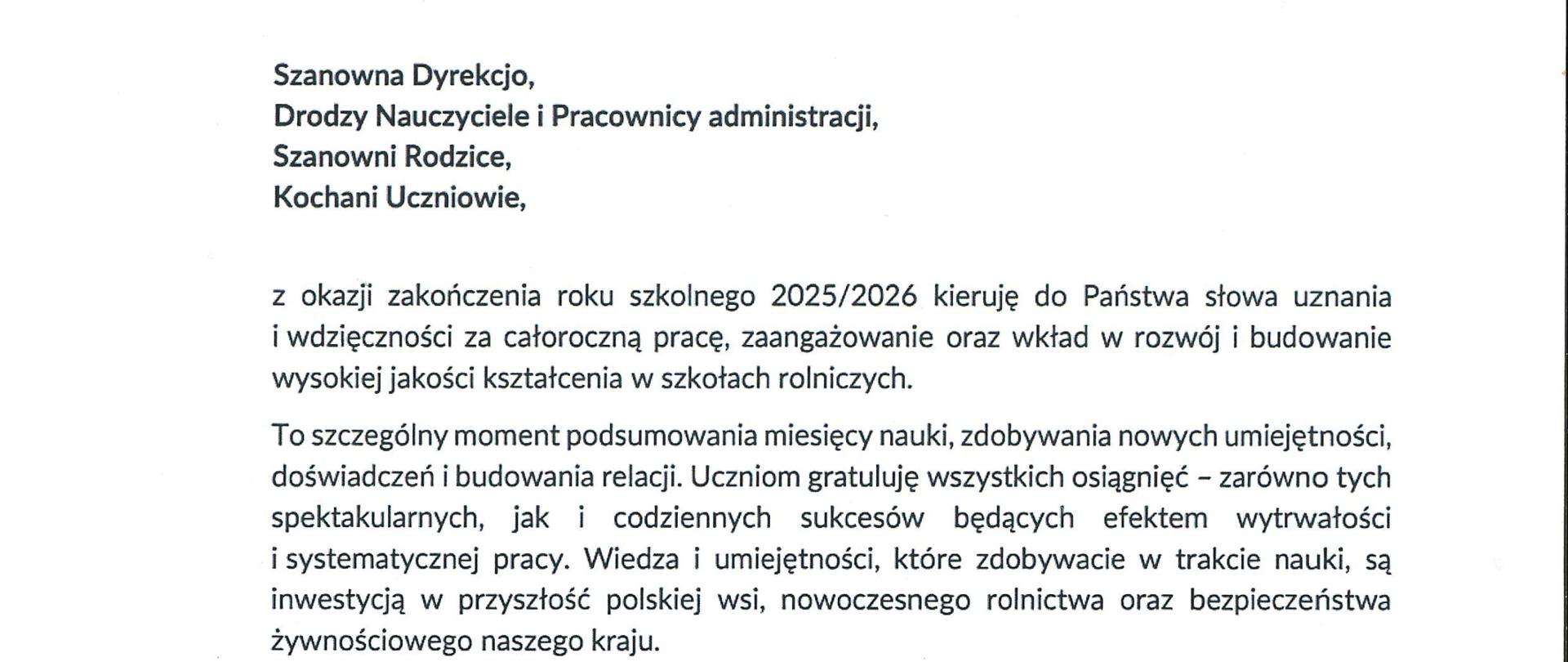 List na zakończenie roku szkolnego od Ministra Rolnictwa I Rozwoju Wsi Stefana Krajewskiego.