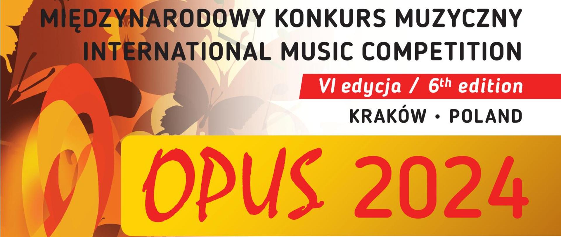 Dyplom Wyróżnienie w konkursie OPUS 2024 dla Karoliny Owczarek, czerwone i czarne napisy, po lewej dwa klucze wiolinowe w otoczeniu motyli, w barwach pomarańczowo jasnoczerwonych, na dole podpis jury i pieczęć konkursu